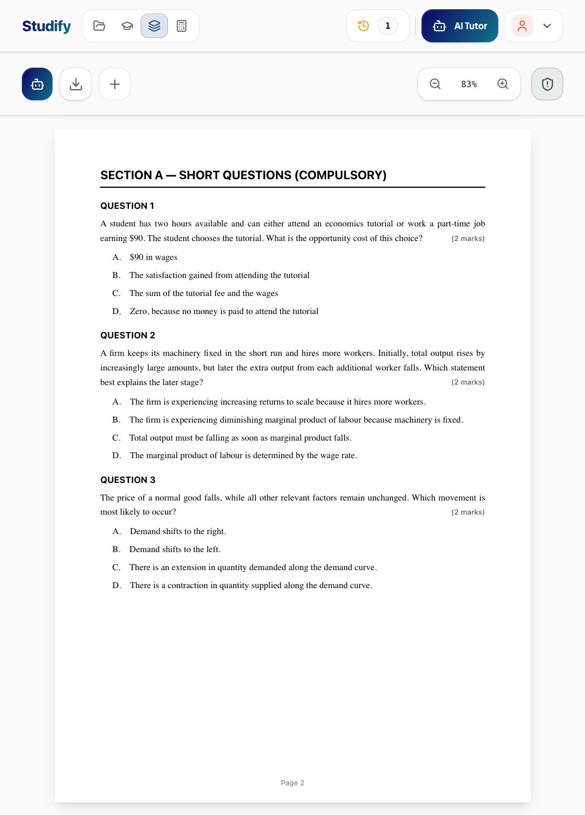 Generated economics practice paper with numbered questions and marks