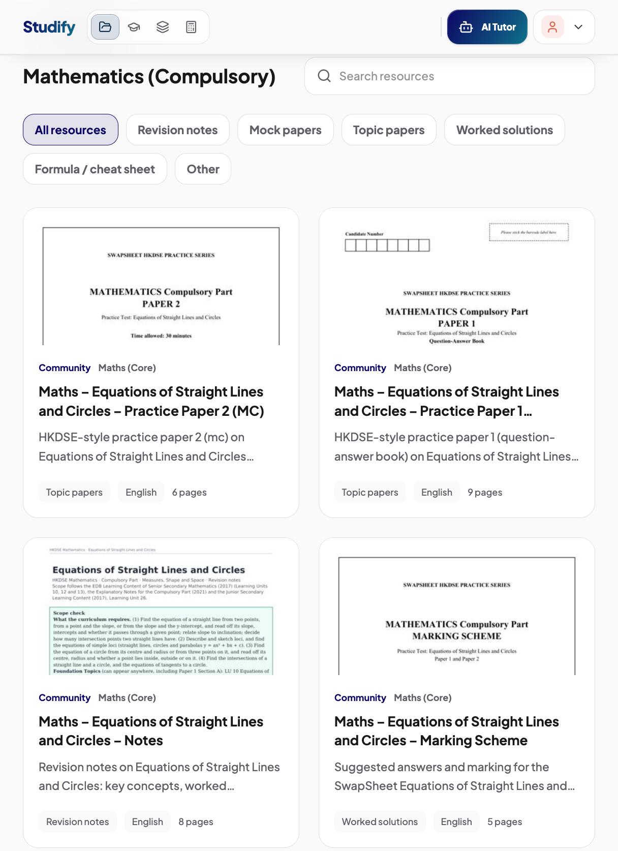 Mathematics resource library with revision notes, topic papers and marking schemes