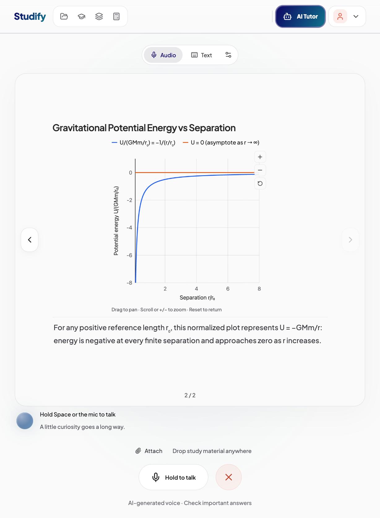 Live voice tutor displaying an interactive gravitational potential energy graph on its board